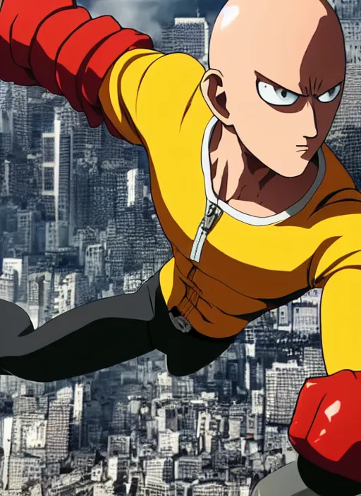 Realistic One Punch Man, city background, artistic, Stable Diffusion