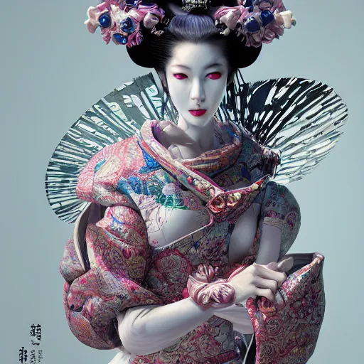 Prompt: the portrait of an absurdly beautiful, graceful, elegant, sophisticated, fashionable cyberpunk geisha gravure idol, an ultrafine hyperdetailed illustration by kim jung gi, irakli nadar, vania zouravliov, intricate linework, bright colors, porcelain skint, unreal engine 5 highly rendered, global illumination, radiant light, detailed and intricate environment