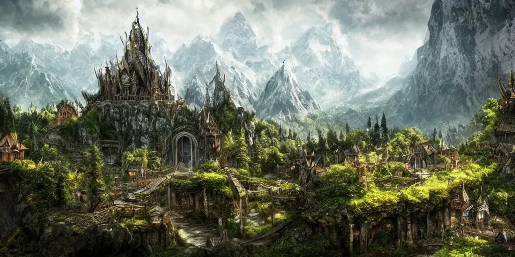 Image similar to lord of the ring. elf city. elvish village. rivendell. mountains. beautiful forest. concept art. epic. cinematic. artstation.