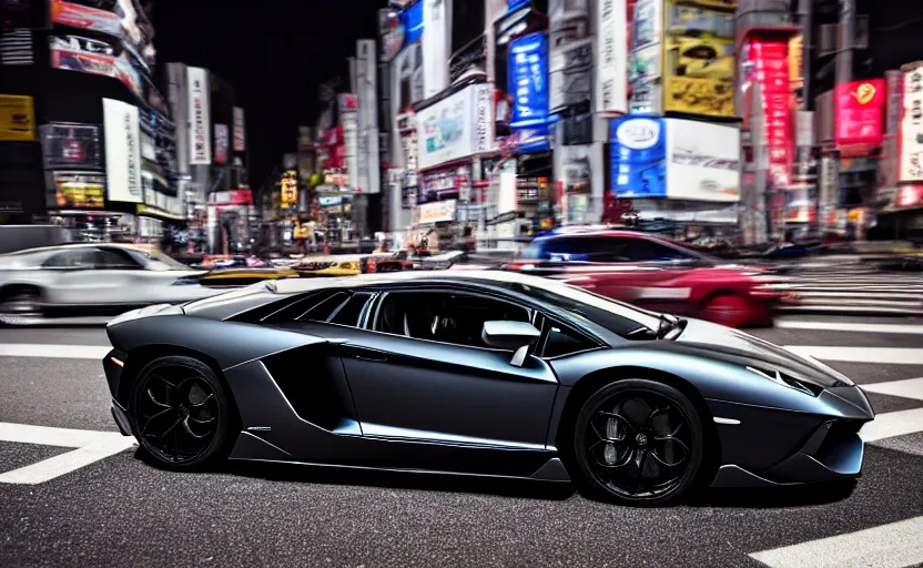 Prompt: wideshot of a Lamborghini Aventador in tokyo at night, highly detailed, 4k photo, shot with sony alpha