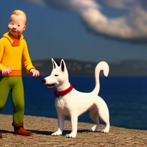 Image similar to tintin and his tiny white fox terrier, depicted as a pixar character, high quality cg render, 8 k