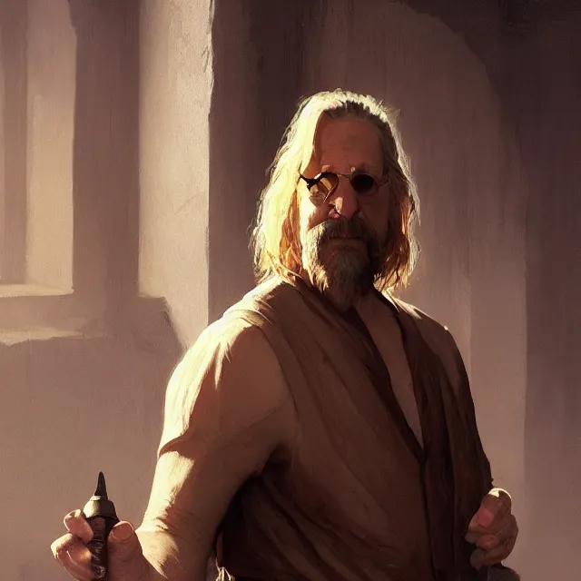 Prompt: painted portrait of the dude from the big lebowski, ancient magic temple hall background, upper body, fantasy intricate elegant extremely detailed digital painting trending artstation concept art sharp focus illustration art by gustave courbet greg rutkowski craig mullins