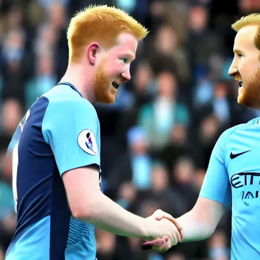 Prompt: cctv footage of kevin de bruyne shaking hands with harry kane,