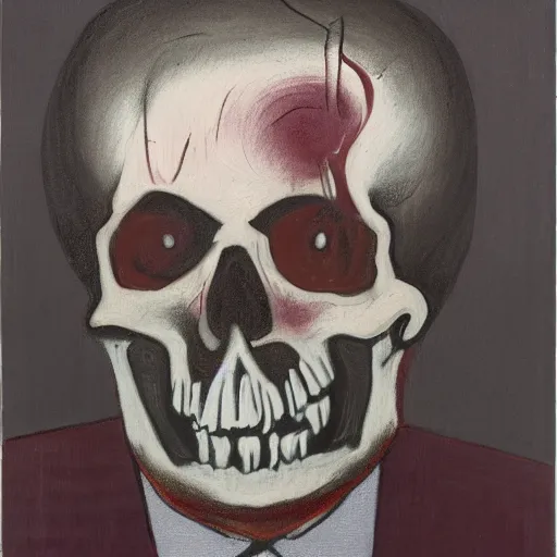 Image similar to a scary portrait of a man with a skull as his head, he is wearing a suit, in the style of Francis Bacon, 4k,