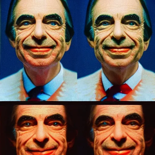 Image similar to mr. rogers michael jackson face morph ultra detail 8 k macro photo reverse video upside down