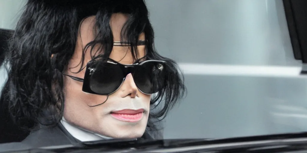Prompt: michael jackson 2 0 0 9 wearing shades, alone, this is it style, photo real, pores, motion blur, sitting in black car with window open, by himself, real life, spotted, ultra realistic face, accurate, 4 k, movie still, uhd, sharp, detailed, cinematic, render, modern