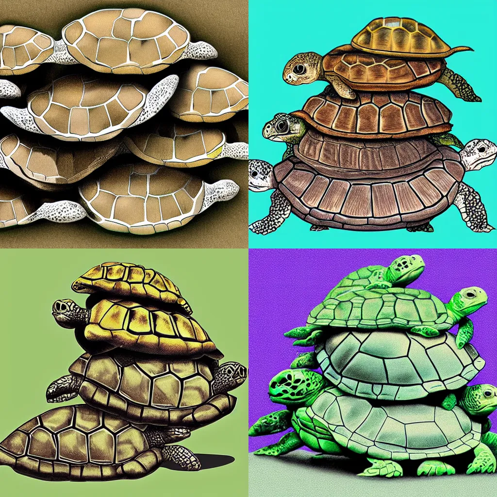 Prompt: a stack of turtles on top of each other, digital art