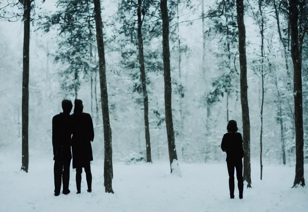 Image similar to lomo photo of two human silhouettes standing in front of a modern forest cabin in the snow, cinestill, bokeh, out of focus, day, dramatic lighting