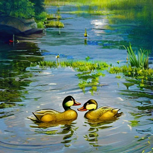 Prompt: Two ducks are playing chess in a pond, art by Dmitry Dubinsky