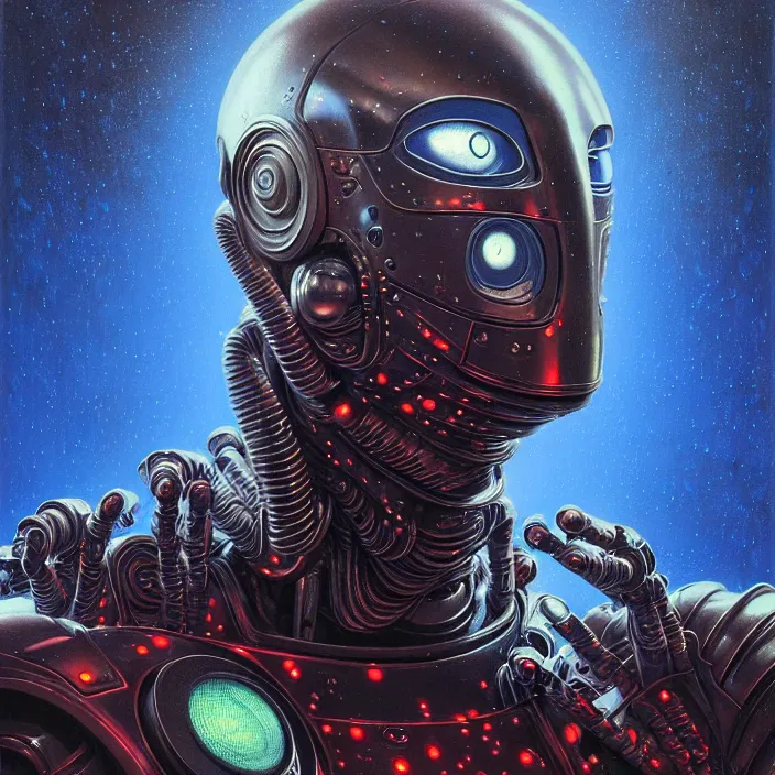 Prompt: cinematic bust portrait of psychedelic robot with big sweat drops on forehead from left, head and chest only, exotic alien features, robotic enhancements, desaturated, Tim Hildebrandt, Wayne Barlowe, Bruce Pennington, donato giancola, larry elmore, oil on canvas, masterpiece, trending on artstation, featured on pixiv, cinematic composition, dramatic pose, beautiful lighting, sharp, details, hyper-detailed, HD, HDR, 4K, 8K