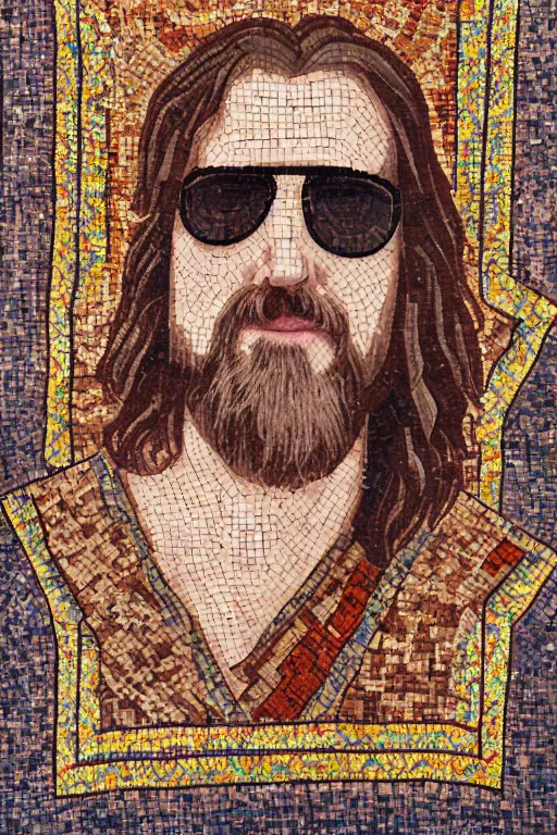 Prompt: an intricately detailed and beautifully colored roman mosaic portrait of the dude from the big lebowski with sunglasses on, 8k, in the style of an ornate Persian carpet