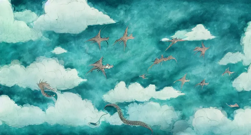 Image similar to ghibli style wallpaper, dragons flying in the sky, green pastures, pastel colors, faded, water color, painting