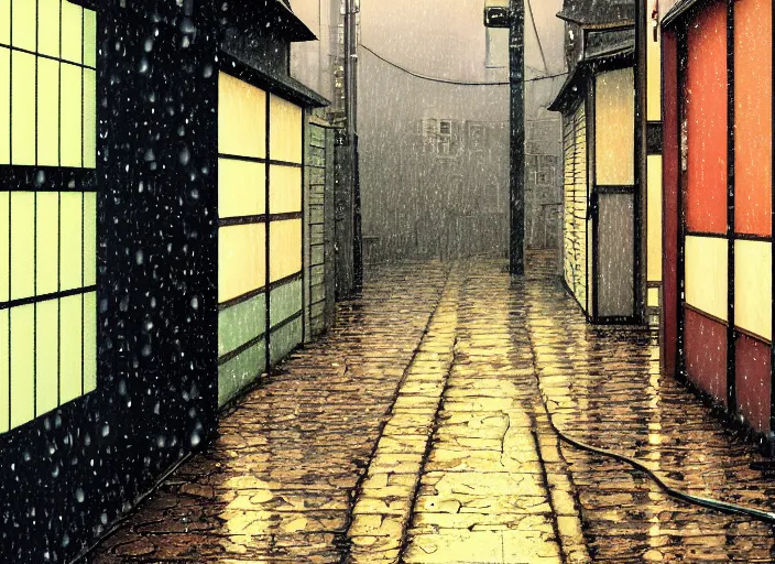 Image similar to window in foreground, tokyo alleyway, rainy day, by cory loftis, makoto shinkai, hasui kawase, james gilleard, beautiful, serene, peaceful, lonely, golden curve composition