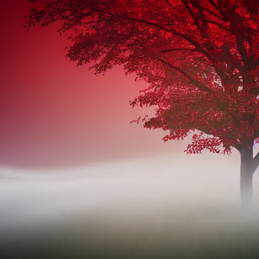 Prompt: a realistic red and Black Forest with fog