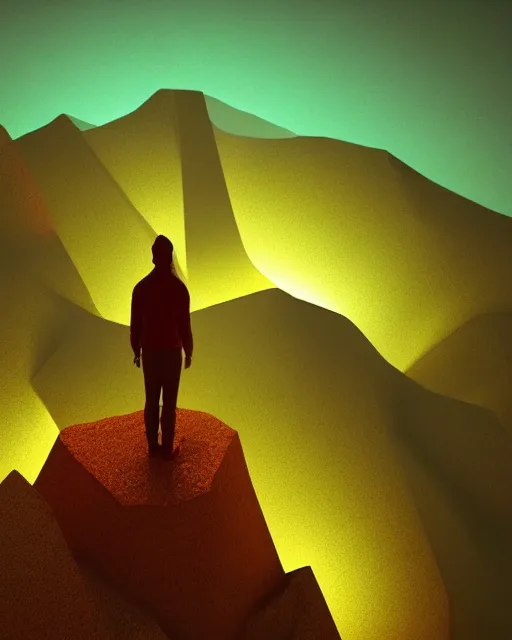 Image similar to a man standing in the middle of a mountain with a glowy triangle, a render by filip hodas, behance contest winner, environmental art, rendered in cinema 4 d, volumetric lighting