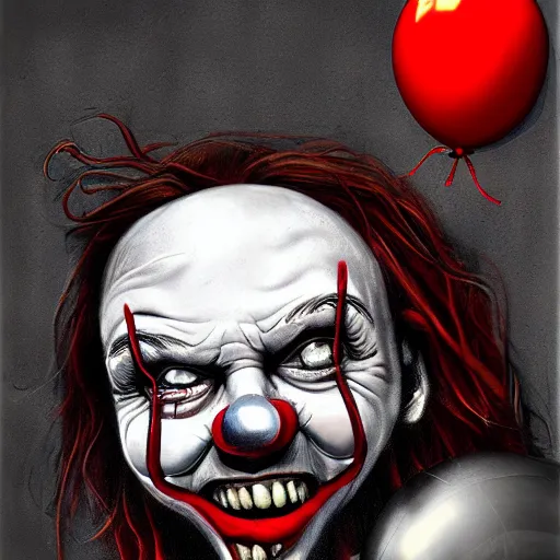 Image similar to surrealism grunge cartoon portrait sketch of jesus christ with a wide smile and a red balloon by - michael karcz, loony toons style, pennywise style, horror theme, detailed, elegant, intricate