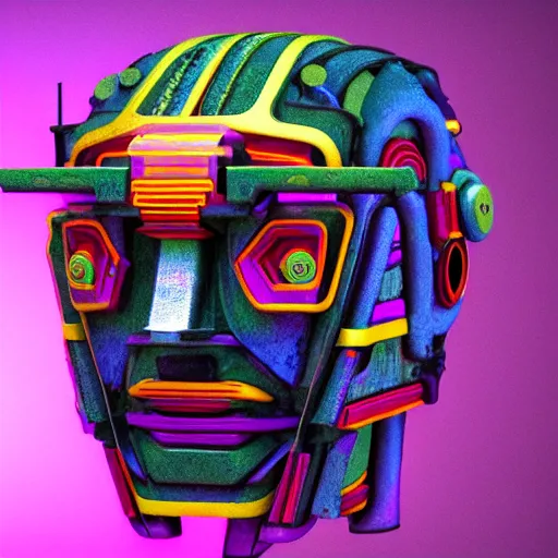 Image similar to claymodel of a cyberpunk aztec futurism robot head, 8 k, symetrical, flourescent colors, halluzinogenic, multicolored, insanely integrate, black background, 3 d render,