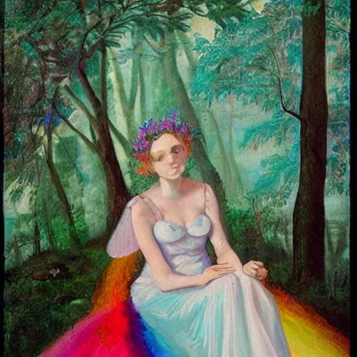 Image similar to a masterpiece portrait of a sad angel sitting in a colorful forest in a long rainbow wedding gown