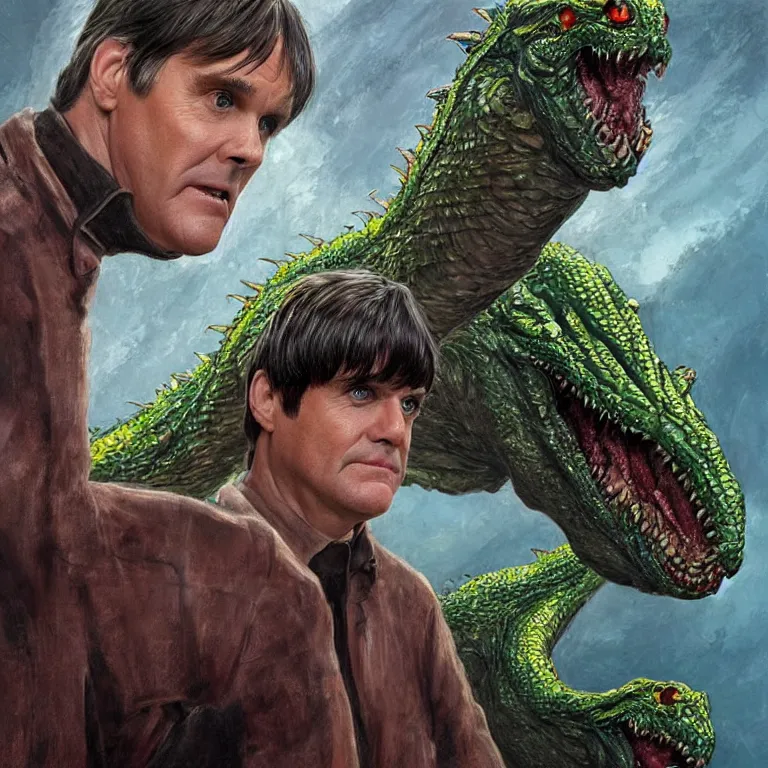 Prompt: two - headed hydra of lerna, jim carey as lloyd christmas beside jeff daniels as harry dunne ( from dumb and dumber ), serpentine water monster, d & d, fantasy, portrait, highly detailed, digital painting, trending on artstation, concept art, sharp focus, illustration, art by artgerm and greg rutkowski and magali villeneuve