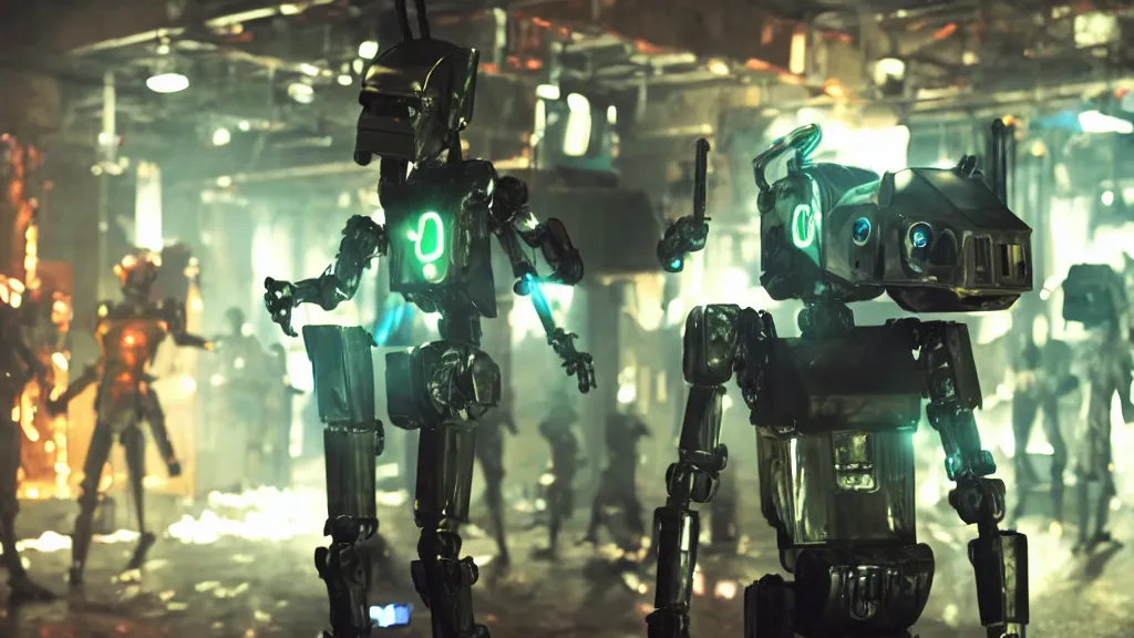 Image similar to film still from the movie chappie of the robot chappie shiny metal indoor dance party neon rave scene bokeh depth of field several figures furry anthro anthropomorphic stylized cat ears head android service droid robot machine fursona