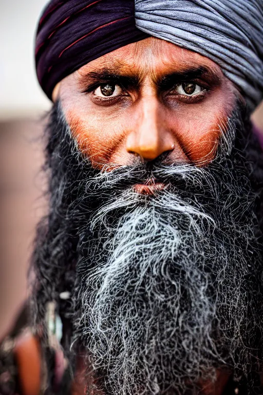 Prompt: beautiful portrait shot of an ancient sikh warrior, detailed features, piercing detailed realistic eyes, nikon z 9, 5 0 mm, uhd