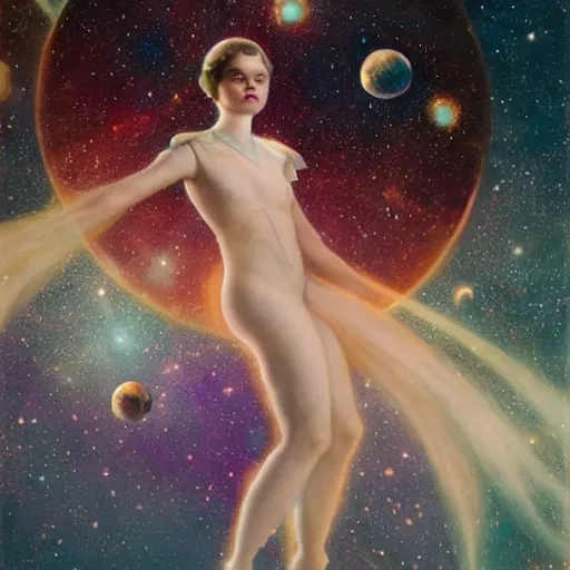 Prompt: a striking hyper real illustration of Elle Fanning in space by Edwin Blashfield, zoom out,