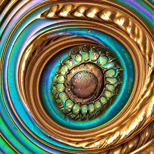 Image similar to Art Nouveau cresting oil slick waves, hyperdetailed bubbles in a shiny iridescent oil slick wave, ornate copper patina medieval ornament, rococo, baroque spirals, octane render