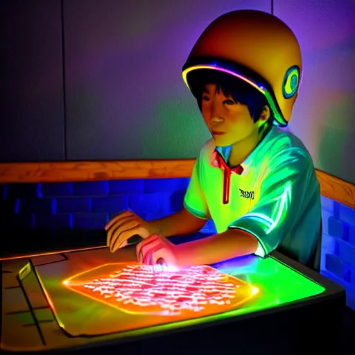 Image similar to a magic gaming machine connected to a boy with a helmet and electric cable with colorfull rays of light illuminate the environment by vanessa morales, studio ghibli,