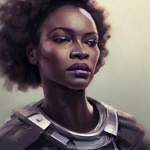 Prompt: Portrait of a woman by Greg Rutkowski, she is about 30 years old, mulato, afro hair, attractive and beautiful, wifey material, she is wearing a futuristic lawyer outfit, highly detailed portrait, scifi, digital painting, artstation, concept art, smooth, sharp foccus ilustration, Artstation HQ