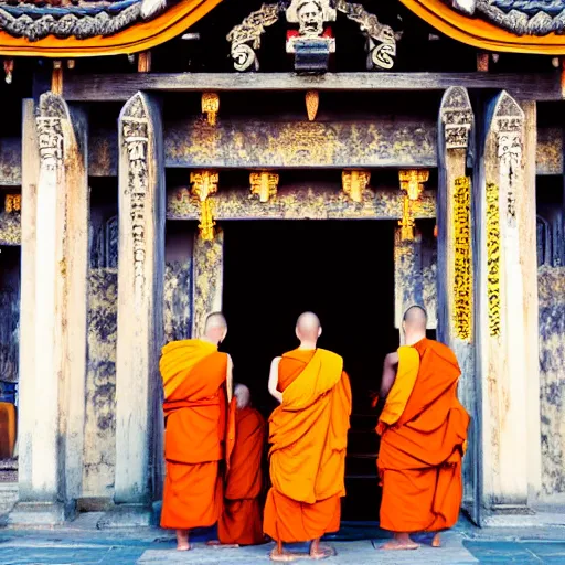 Prompt: several monks outside a buddhist temple, twilight, golden hour,