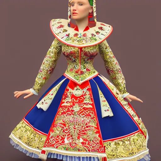 Image similar to ornate serbian traditional dress, fashion design, dress display, hyperrealistic, rendered 4 k, full view