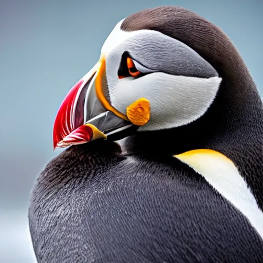 Image similar to puffin cuddling penguin