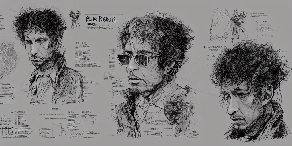 Image similar to Bob Dylan design, character sheet, Kim Jung Gi, Greg Rutkowski, Zabrocki, Karlkka, Jayison Devadas, Phuoc Quan, trending on Artstation, 8K, ultra wide angle, zenith view, pincushion lens effect