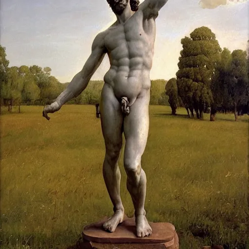 Prompt: statue of david stands in the middle of a field, David (Michelangelo), Rye (Shishkin), painting by Ivan Shishkin, painting by Valentin Serov, oil painting, hyperrealism, beautiful, high resolution