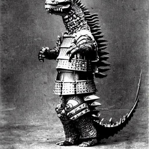 Prompt: “Godzilla in full samurai armour, 1900’s photo”