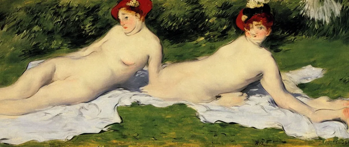 Prompt: paint of Edouard Manet of female figure on the grass