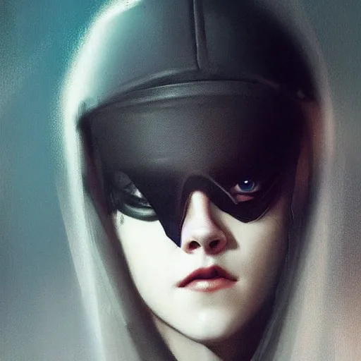 Image similar to Portrait of a Kristen Stewart in cyber mask, digital art from artstation by Ikeuchi and Ruan Jia and Mandy Jurgens and Artgerm, red LED lights, extremely beautiful and proportionate face, sharp focus, hyper detailled