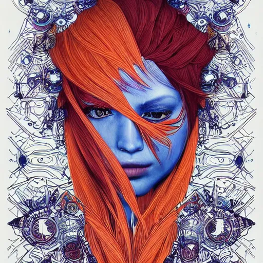 Prompt: the head of an incredibly gorgeous woman partially made of carrots and blueberries looking up, an ultrafine detailed illustration by james jean, final fantasy, intricate linework, bright colors, behance contest winner, vanitas, angular, altermodern, unreal engine 5 highly rendered, global illumination, radiant light, detailed and intricate environment