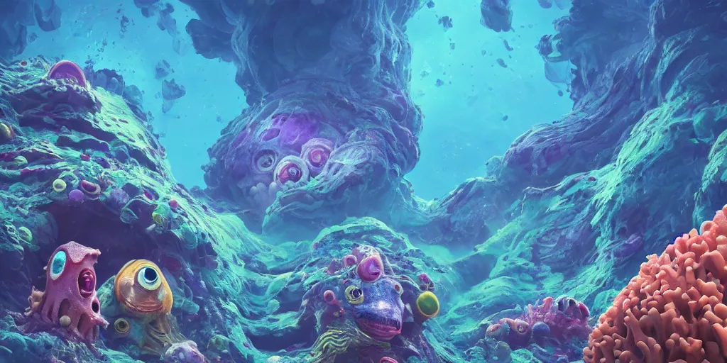 Image similar to of a colorful deep sea under water with strange cute friendly happy creatures with huge eyes, mouth, long tongue and round teeth appearing from sandy coral, in the style of gehry and gaudi, macro lens, shallow depth of field, ultra detailed, digital painting, trending artstation, concept art, illustration, cinematic lighting, photorealism, epic, octane render