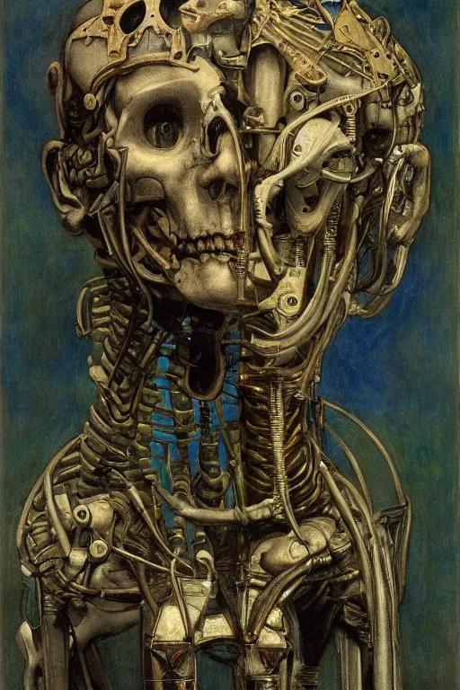 Prompt: the robot in his bone crown, by Annie Swynnerton and Diego Rivera and Elihu Vedder, symbolist, dramatic lighting, elaborate geometric ornament, Art Brut, soft blues and greens,smooth, sharp focus, extremely detailed, Adolf Wölfli, octane render