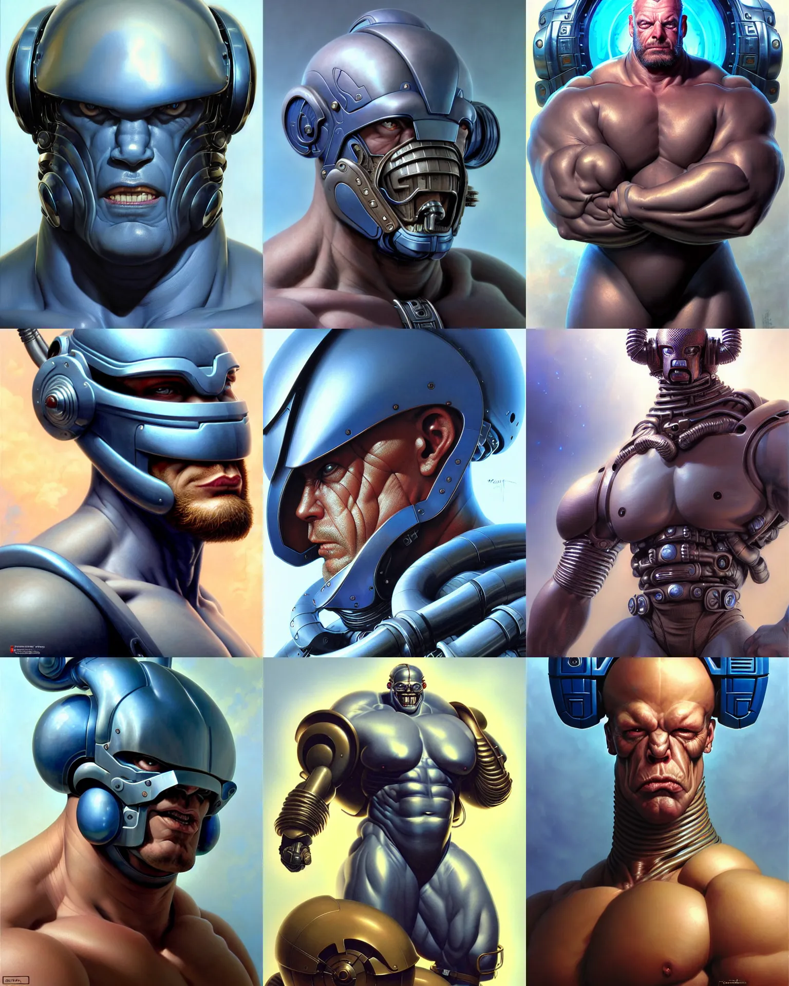 Prompt: solid thick super muscly male portrait, blue helmet, large metal jaw, three day growth, the maxx, ultra realistic, intricate details, the fifth element artifacts, highly detailed by peter mohrbacher, allen williams, hajime sorayama, wayne barlowe, boris vallejo, aaron horkey, gaston bussiere, craig mullins