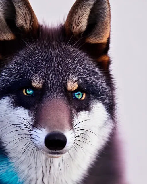 Image similar to black pink green blue white fox looking into the camera, portrait, blue background, 8 k, 8 5 mm f 1. 8