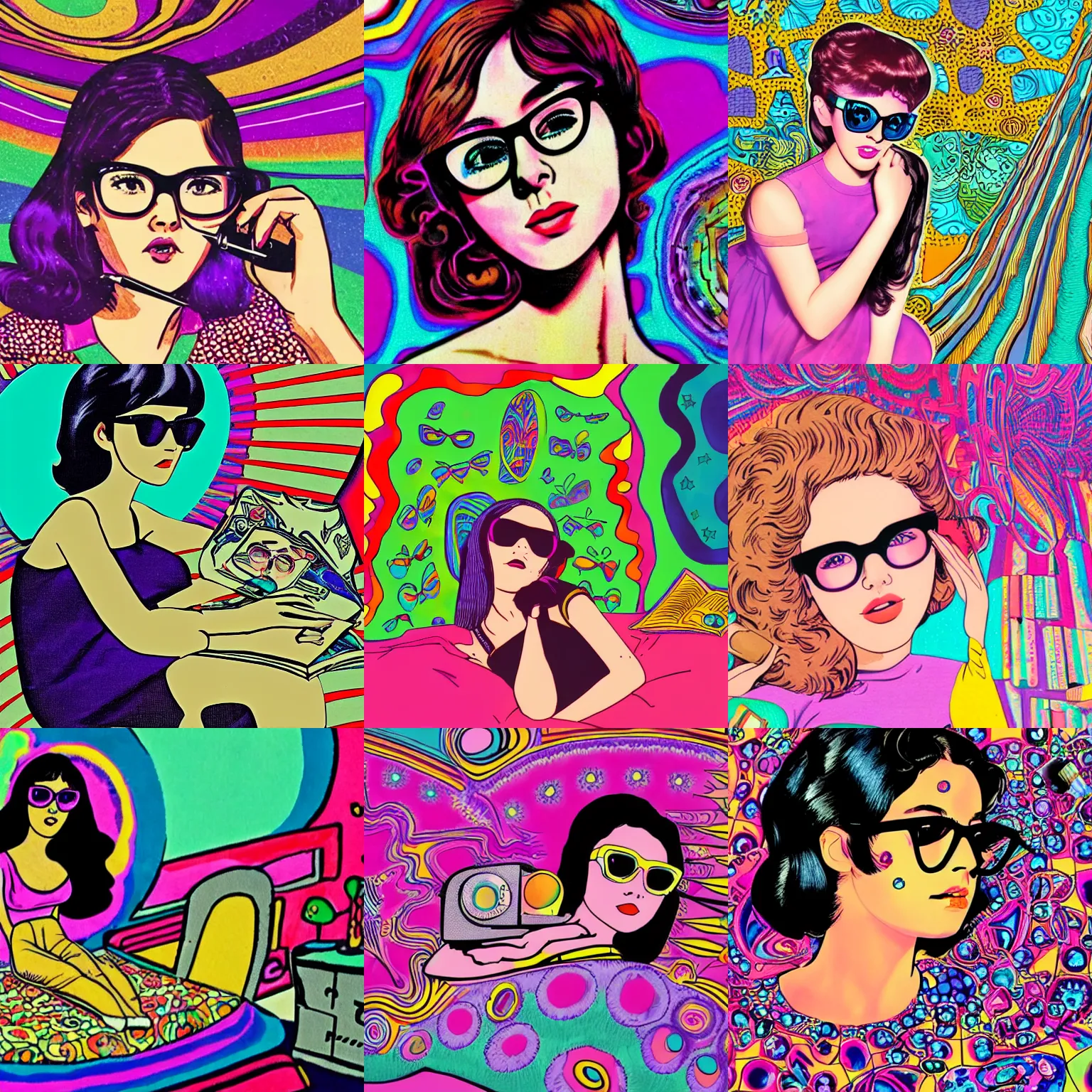 Prompt: realistic 1960s teenage girl, black pixie hair and ray ban glasses, laying over a victor moscoso background, colorful, trippy. dmt. bedroom. writting on her diary