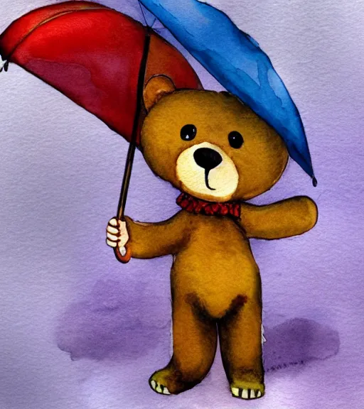 Image similar to autumn a bear with an umbrella cartoon watercolor trending on artstation