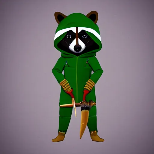 Image similar to a raccoon in a green, hooded rouge outfit with gold accents holding dagger made of fire, trending on art station