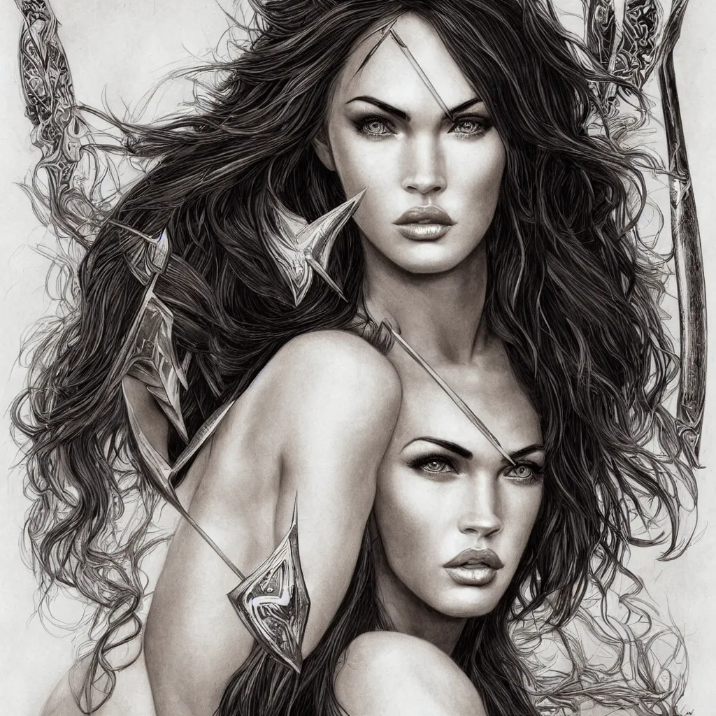 Image similar to portrait of beautiful megan fox as greek goddess aphrodite, archer, arrow on the head, beautiful piercing eyes, flowing blonde hair, realistic face, black and white drawing, in the style of greg rutkowski, fantasy, amazing detail, epic, intricate, elegant, smooth, sharp focus