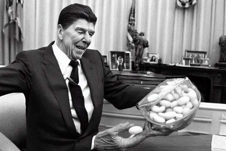 Image similar to 1 9 8 5 black and white photograph of ronald reagan dumping a huge bowl of jelly beans into his gaping maw, in the oval office