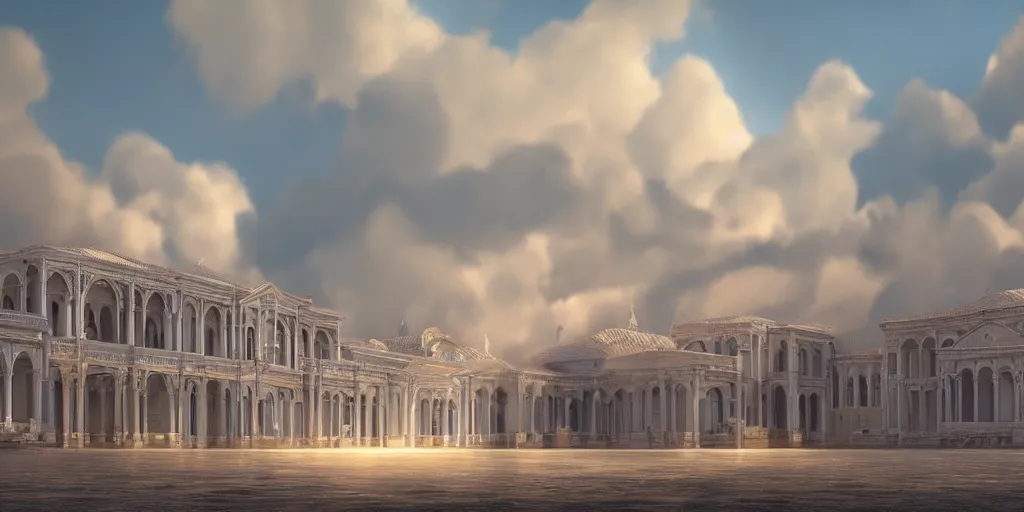 Image similar to hyperrealistic digital illustration of a shining Byzantine palace in a sea of clouds, fluffy pastel clouds, establishing shot, cinematic, architecture, concept art, deviantArt, artsation, artstation HQ, HD, 16k resolution, smooth, sharp detail, amazing depth, octane, finalRender, Unreal Engine