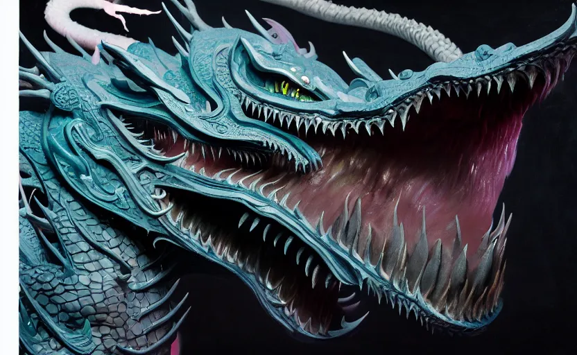 Image similar to a pastel color black dragon, extremely intricate and detailed, painted by francis bacon, adrian ghenie, and james jean. 8 k cinematic lighting, hyper realism