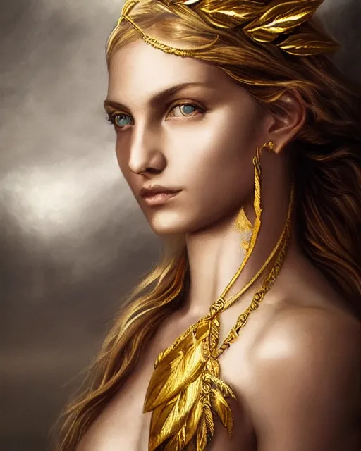 Image similar to front view of beautiful aphrodite greek goddess wearing a gold laurel wreath and triangle earrings, realism tattoo sketch, beautiful piercing eyes with sharp pupils, beautiful blonde hair, in the style of greg rutkowski, fantasy, amazing detail, epic, elegant, smooth, sharp focus